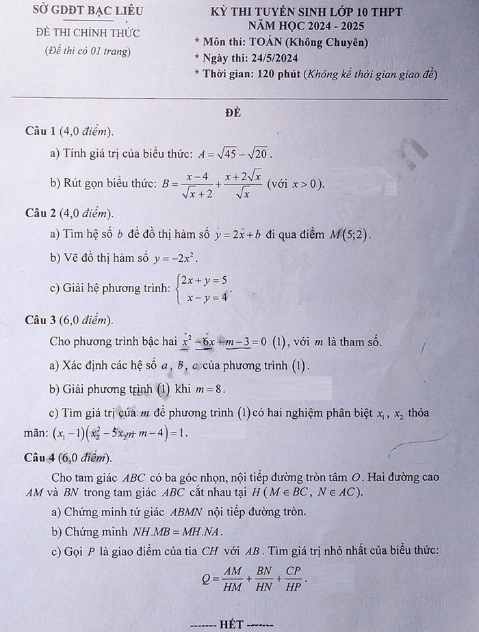 Đề thi tuyển sinh lớp 10 môn Toán Bạc Liêu 2024
