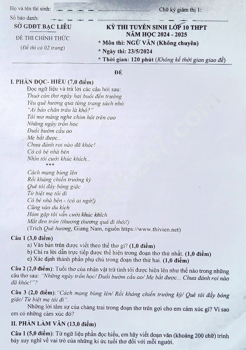 Đề thi tuyển sinh lớp 10 môn Văn Bạc Liêu 2024