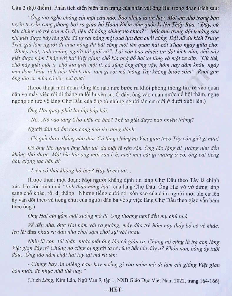 Đề thi tuyển sinh lớp 10 môn Văn Bạc Liêu 2024