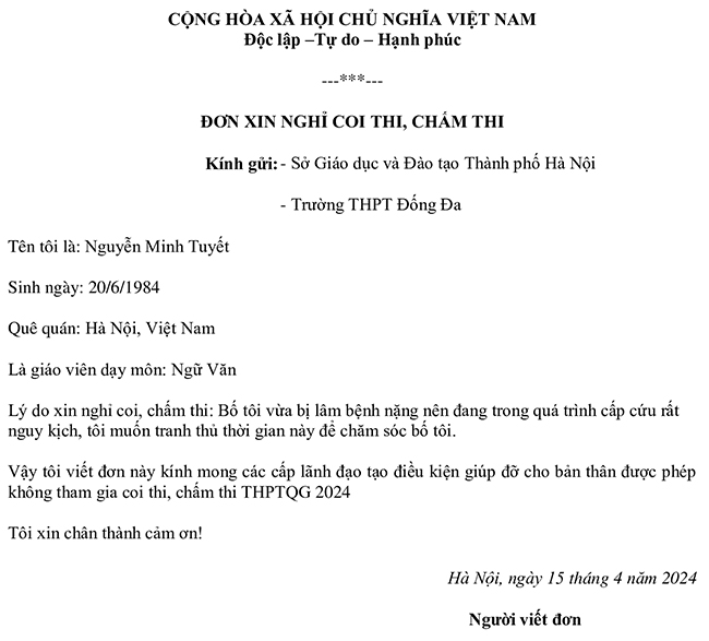 Đơn xin nghỉ coi thi tốt nghiệp THPT