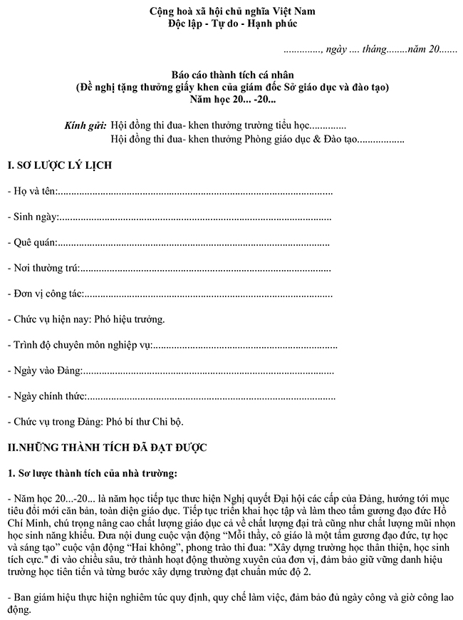 Mẫu báo cáo thành tích cá nhân của Phó hiệu trưởng trường tiểu học