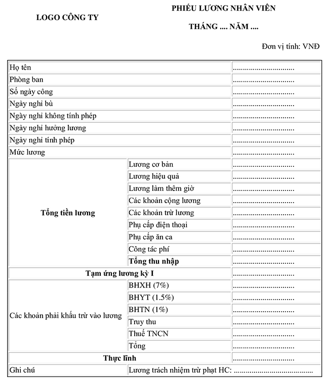 Mẫu bảng lương cá nhân