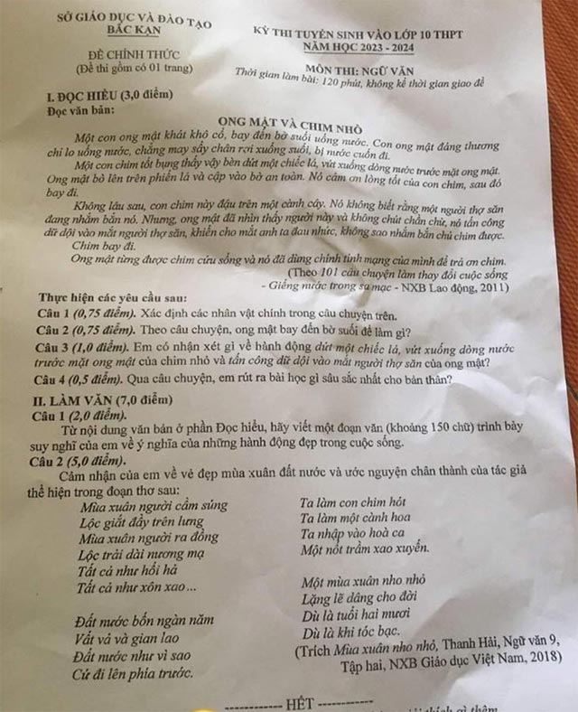 Đề thi vào lớp 10 môn Văn Bắc Kạn 2023