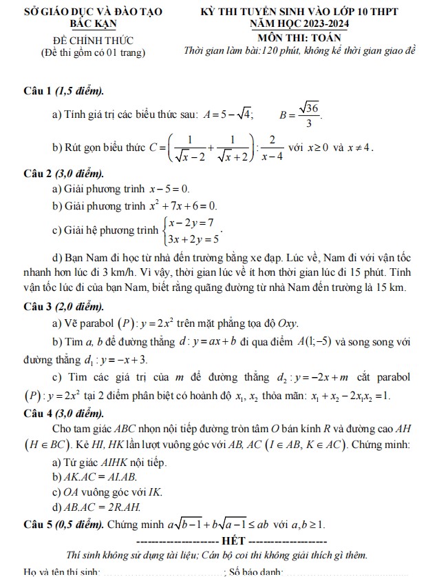 Đề thi tuyển sinh lớp 10 môn Toán Bắc Kạn 2023