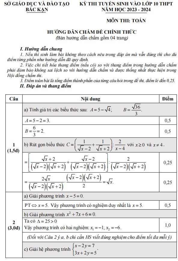 Đáp án đề thi vào 10 Bắc Kạn môn Toán 2023