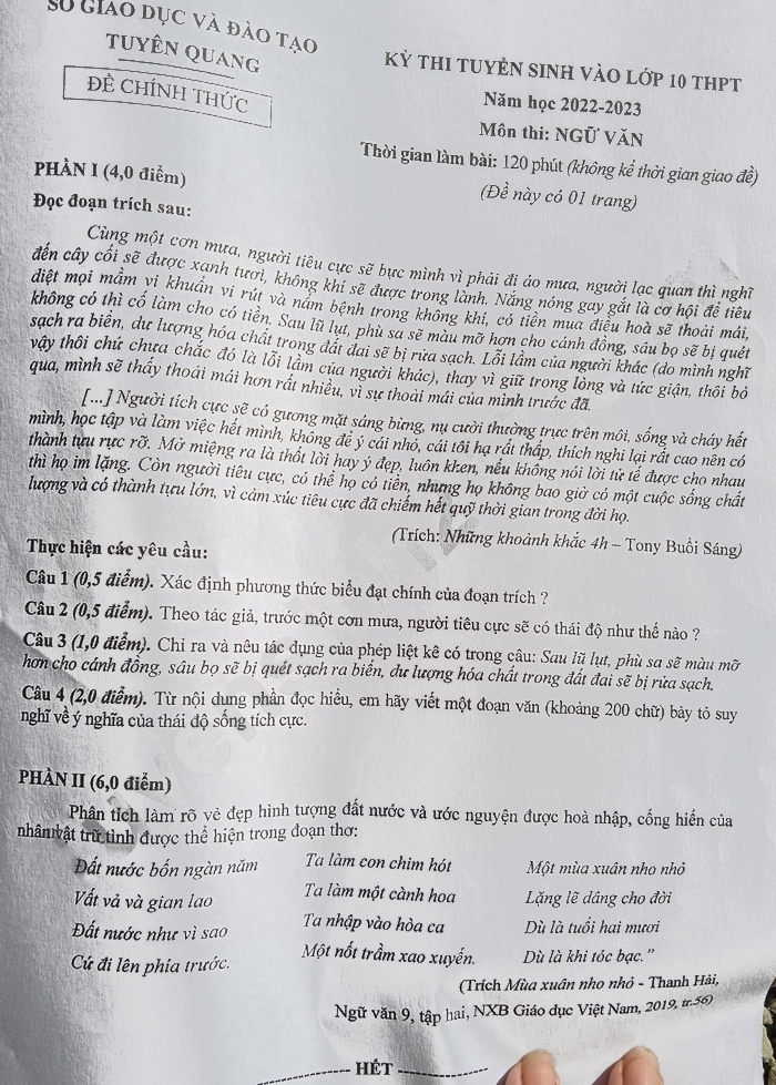Đề thi tuyển sinh lớp 10 môn Văn Tuyên Quang