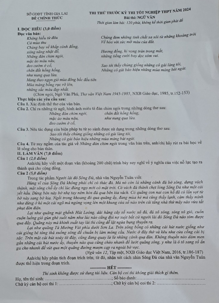 Đề thi thử tốt nghiệp THPT môn Văn 2024 - Sở GD Gia Lai