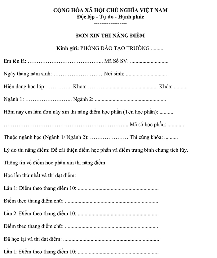 Mẫu đơn xin thi nâng điểm học phần