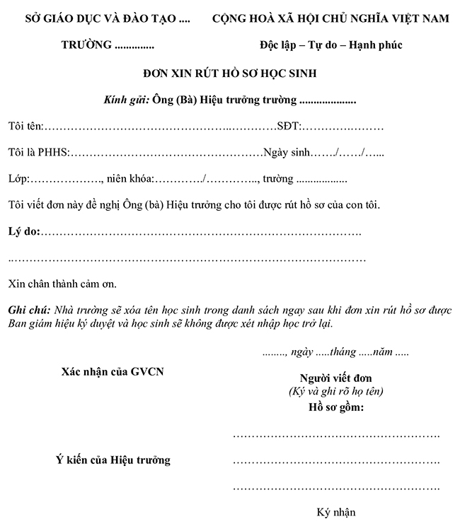 Đơn xin rút hồ sơ học sinh