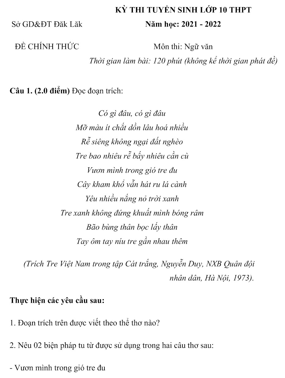 Đề thi tuyển sinh lớp 10 môn Văn Đắk Lắk 2021