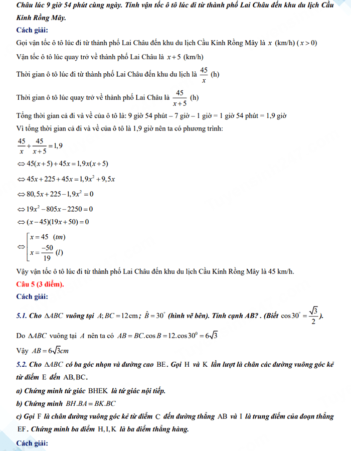 Đáp án đề Toán vào 10 Lai Châu 2024