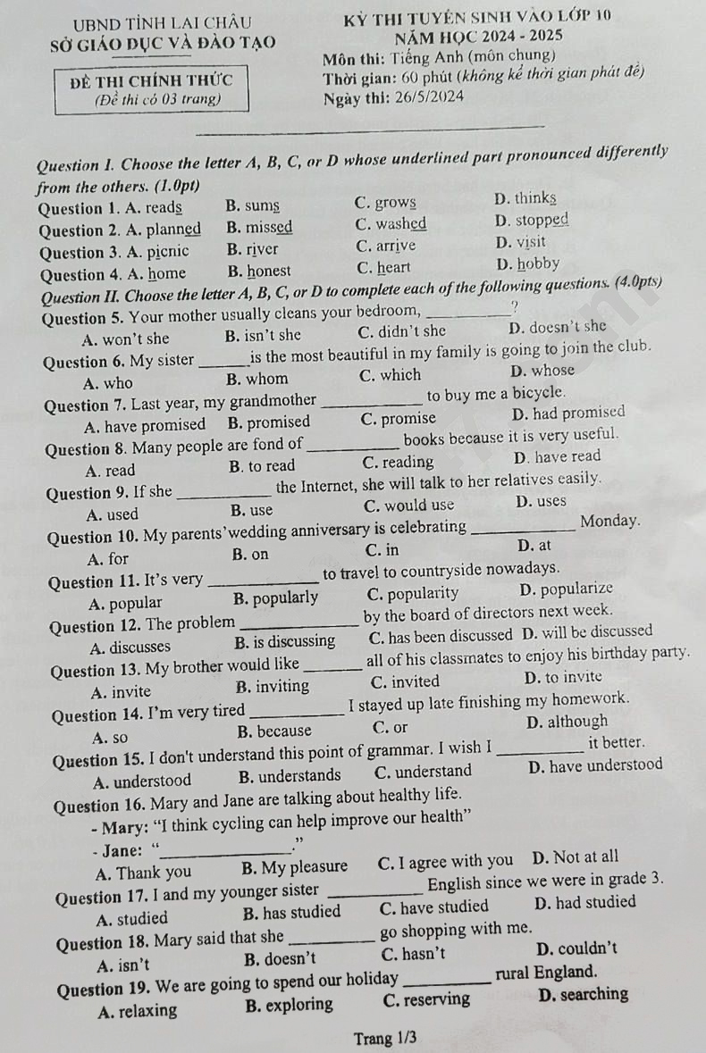 Đề thi tuyển sinh lớp 10 môn Anh Lai Châu 2024