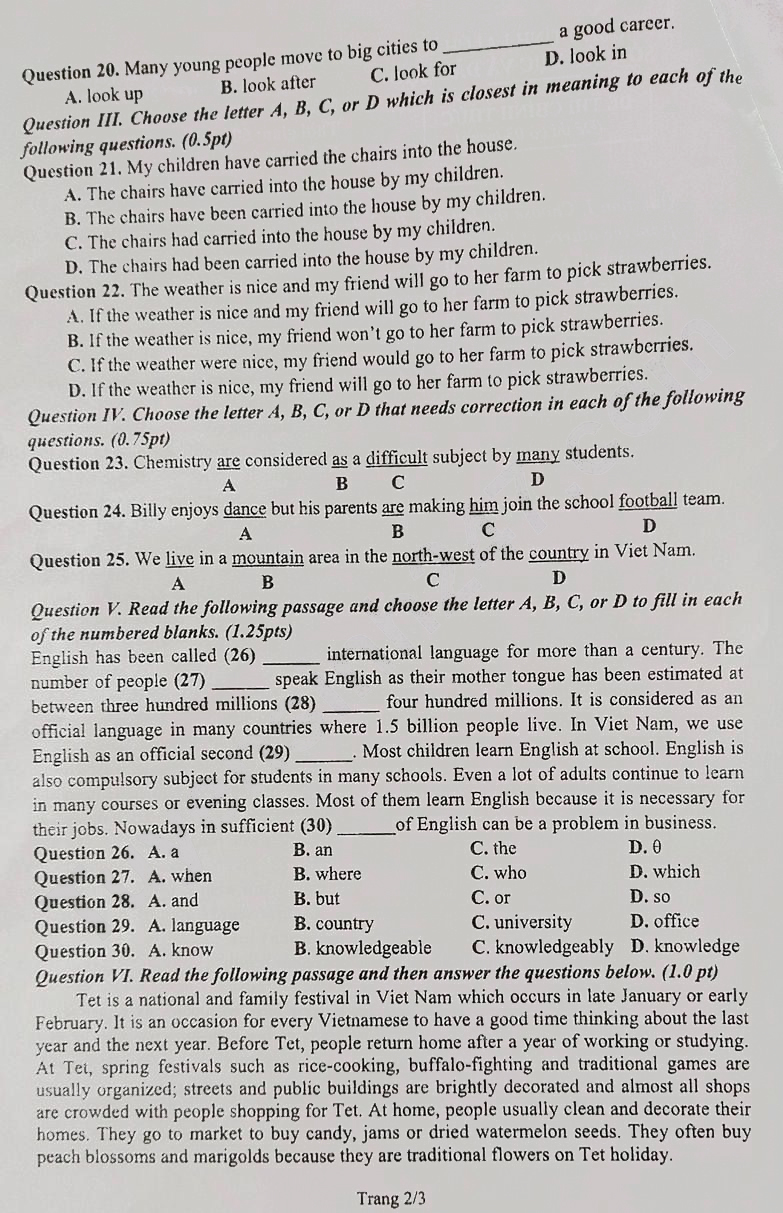 Đề thi tuyển sinh lớp 10 môn Anh Lai Châu 2024