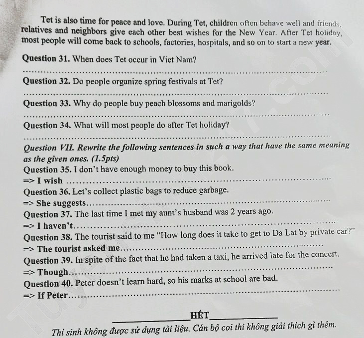 Đề thi tuyển sinh lớp 10 môn Anh Lai Châu 2024