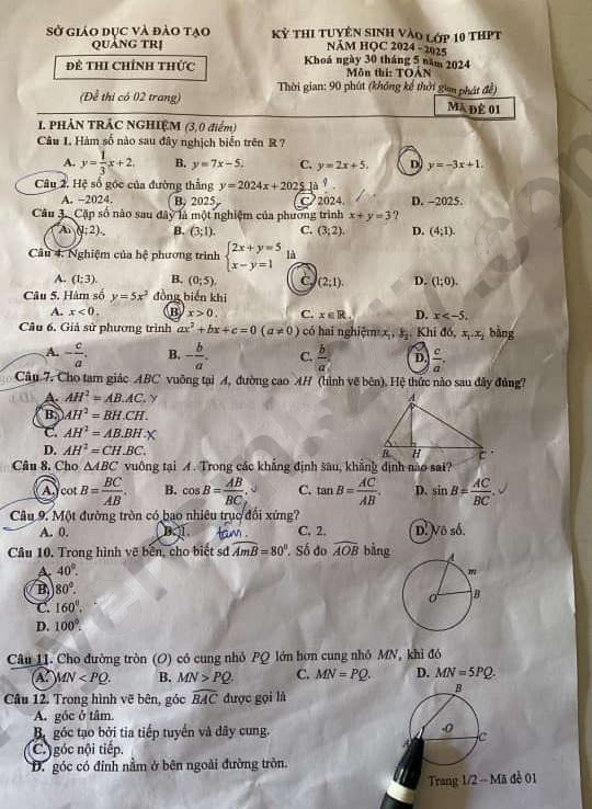 Đề thi tuyển sinh lớp 10 môn Toán Quảng Trị 2024-2025