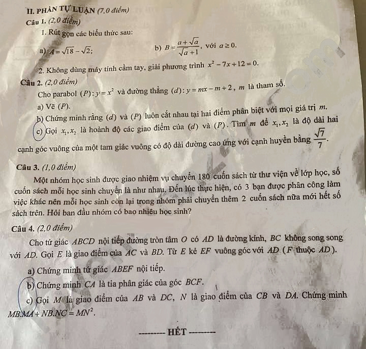 Đề thi tuyển sinh lớp 10 môn Toán Quảng Trị 2024-2025