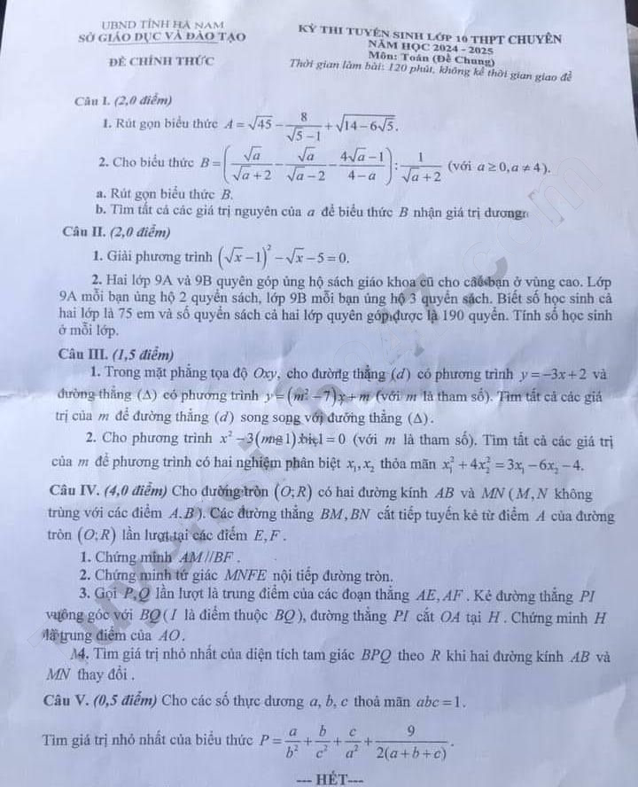 Đề thi tuyển sinh lớp 10 môn Toán Hà Nam 2024