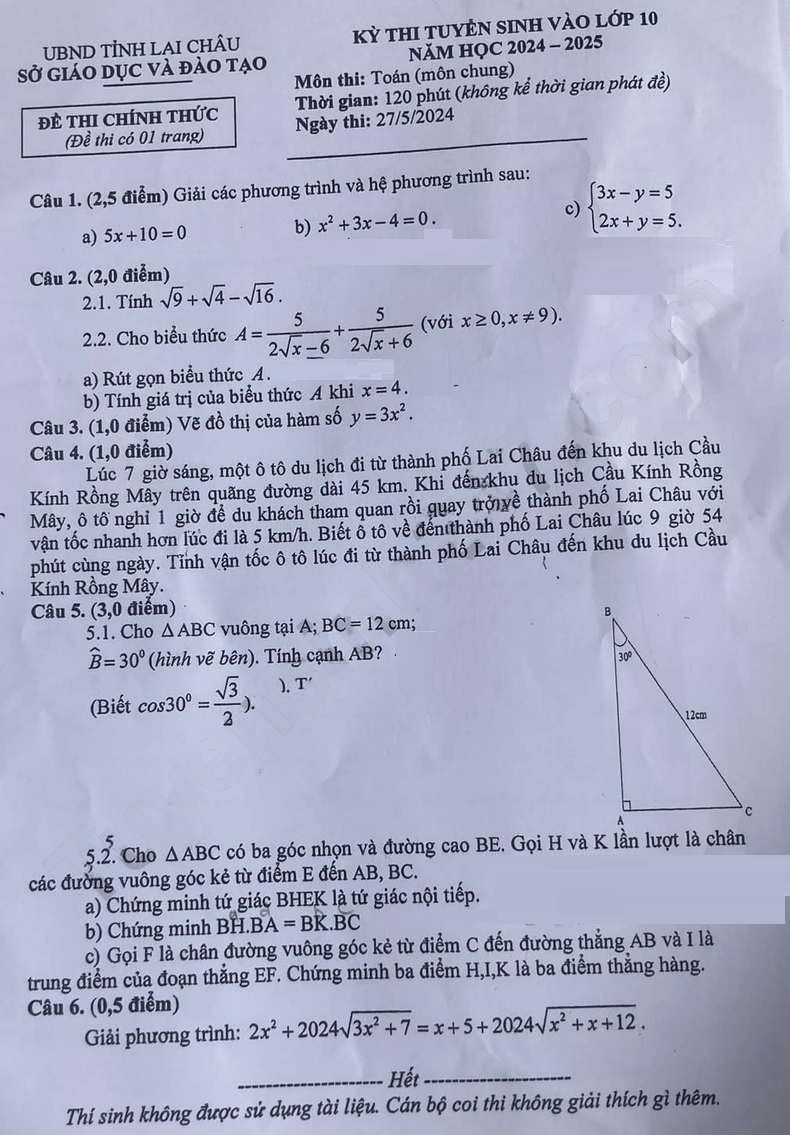 Đề thi tuyển sinh lớp 10 môn Toán Lai Châu 2024
