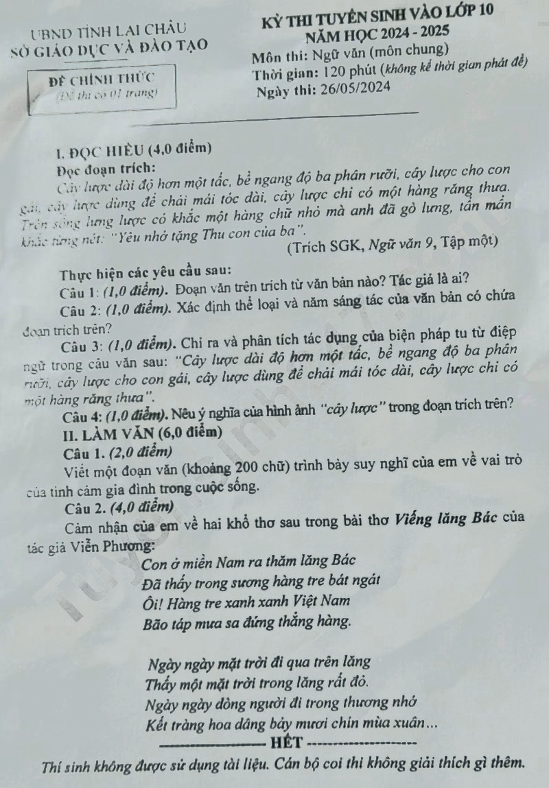 Đề thi vào 10 môn Văn Lai Châu 2024