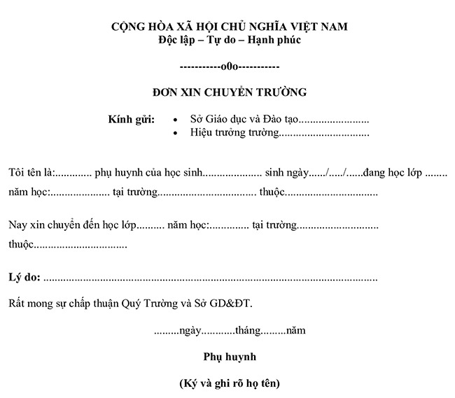 Đơn xin chuyển trường viết tay
