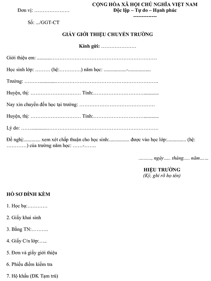  Mẫu giấy giới thiệu chuyển trường THCS ngoài tỉnh