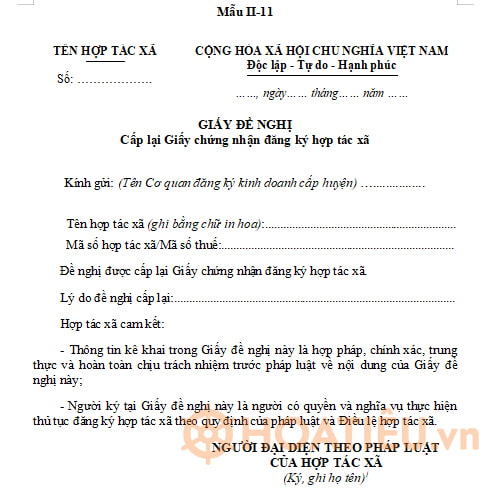 Mẫu giấy đề nghị cấp lại giấy chứng nhận đăng ký hợp tác xã