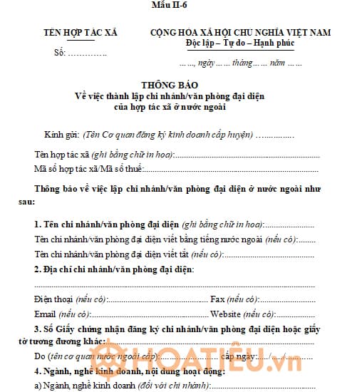 Mẫu thông báo đăng ký thành lập chi nhánh, văn phòng đại diện của hợp tác xã ở nước ngoài