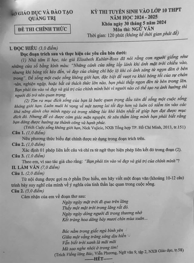 Đề thi tuyển sinh lớp 10 môn Văn Quảng Trị 2024