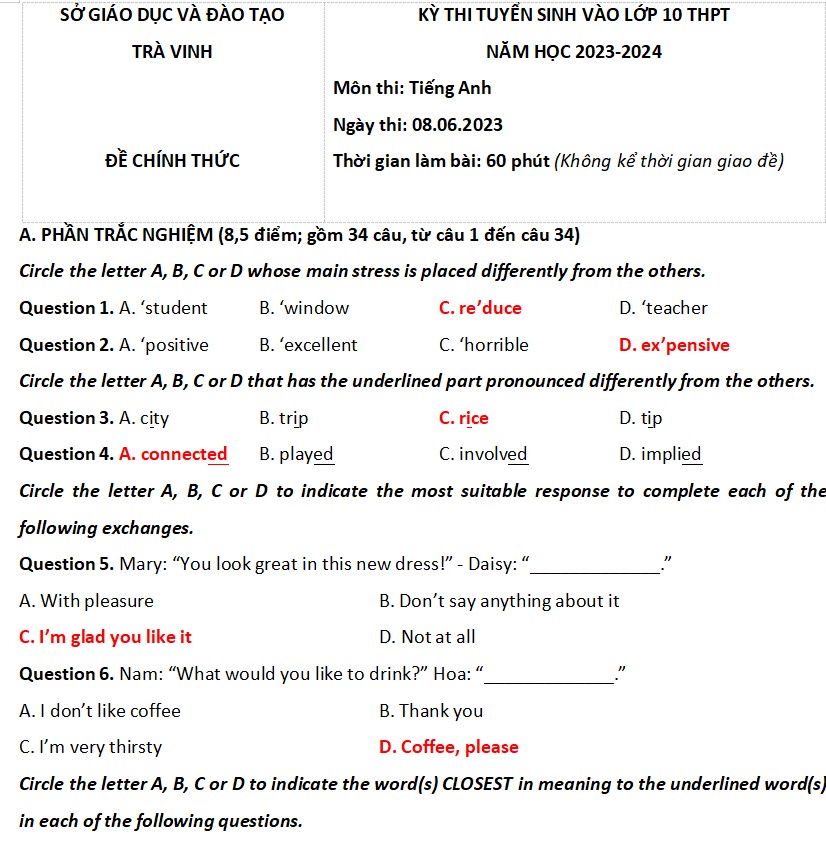 Đáp án đề thi vào lớp 10 tiếng Anh tỉnh Trà Vinh