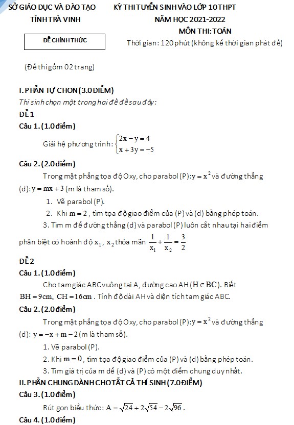 Đề thi tuyển sinh lớp 10 môn Toán 2021 Trà Vinh