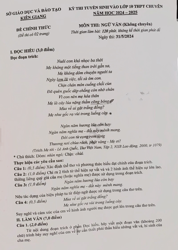 Đề thi tuyển sinh lớp 10 môn Văn Kiên Giang 2024
