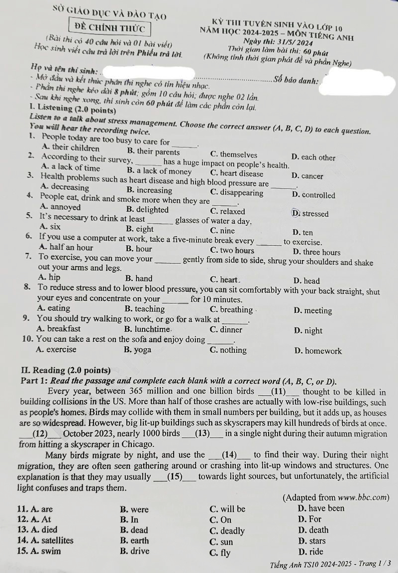 Đề thi tuyển sinh 10 môn Anh Bình Dương 2024