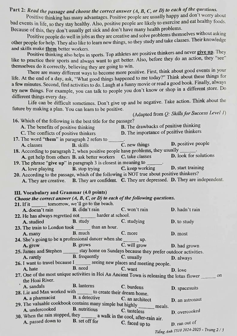 Đề thi tuyển sinh 10 môn Anh Bình Dương 2024