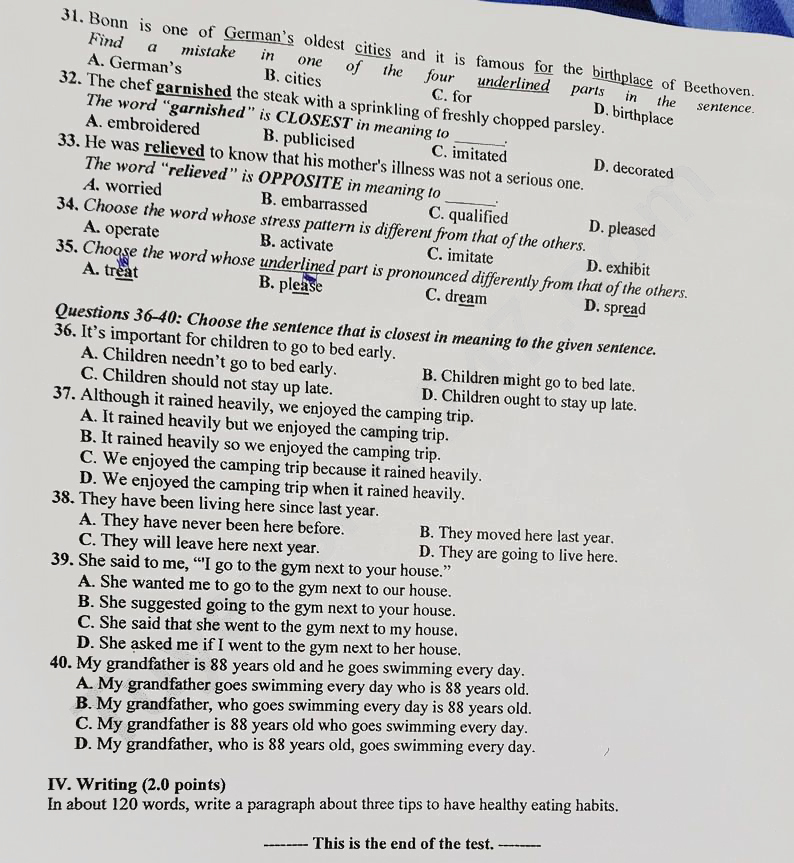 Đề thi tuyển sinh 10 môn Anh Bình Dương 2024