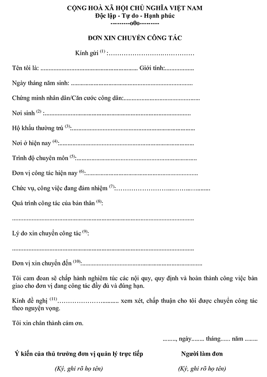 Mẫu đơn xin thuyên chuyển công tác của giáo viên