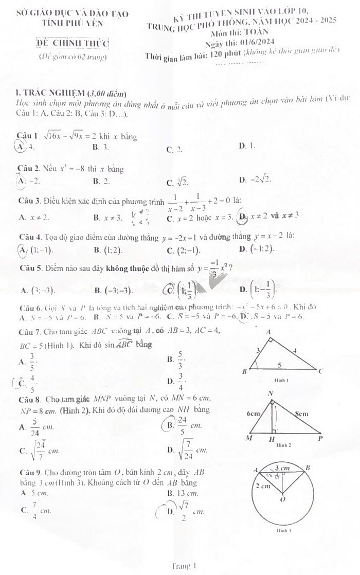 Đề thi vào 10 môn Toán Phú Yên 2024