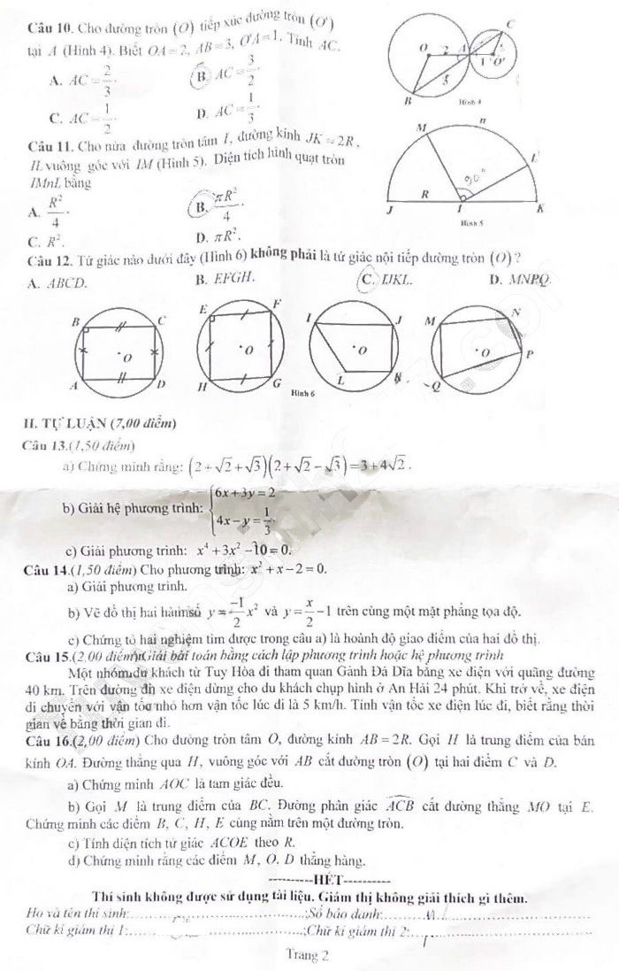 Đề thi vào 10 môn Toán Phú Yên 2024