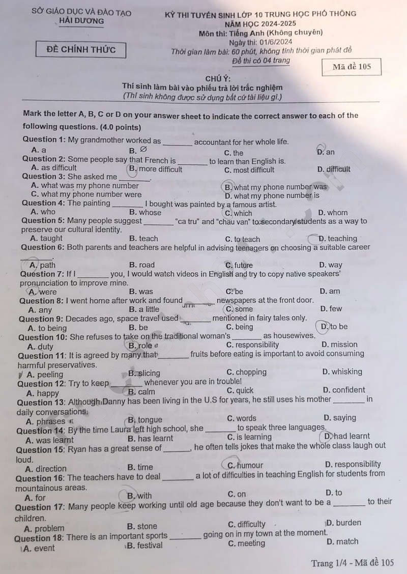 Đề thi tiếng Anh vào 10 Hải Dương 2024