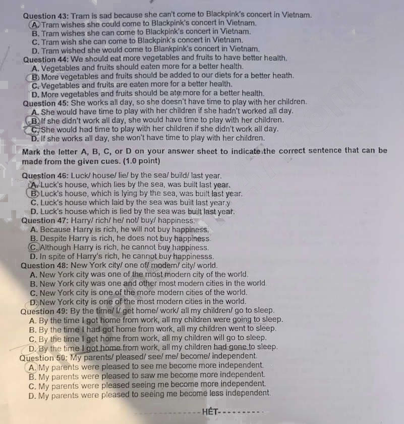 Đề thi tiếng Anh vào 10 Hải Dương 2024