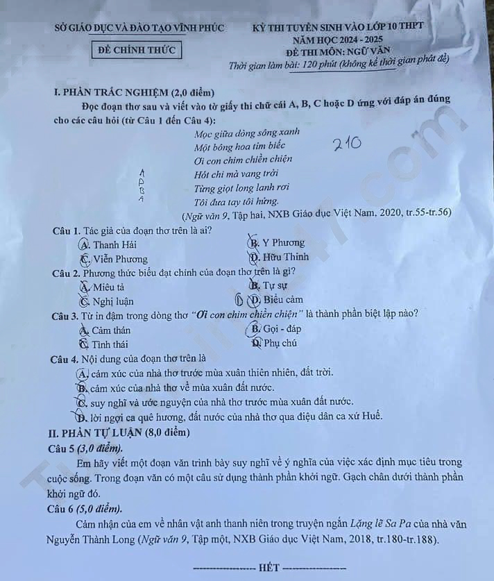 Đề thi tuyển sinh lớp 10 môn Văn Vĩnh Phúc 2024