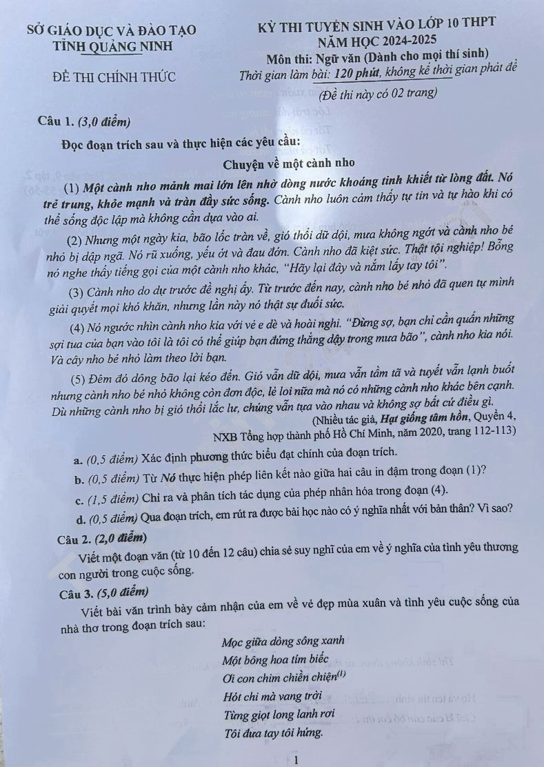 Đề thi tuyển sinh lớp 10 môn Văn Quảng Ninh 2024