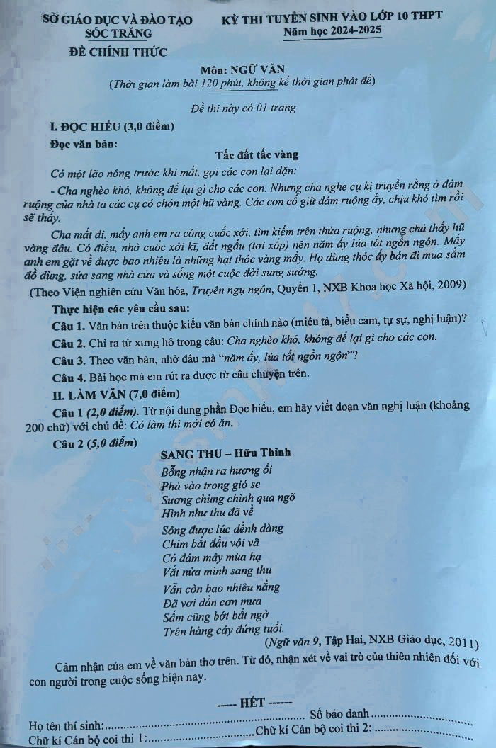 Đề thi tuyển sinh lớp 10 môn Văn Sóc Trăng 2024