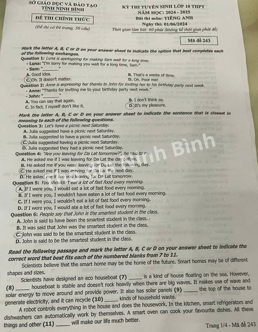 Đề thi vào 10 tiếng Anh 2024 Ninh Bình