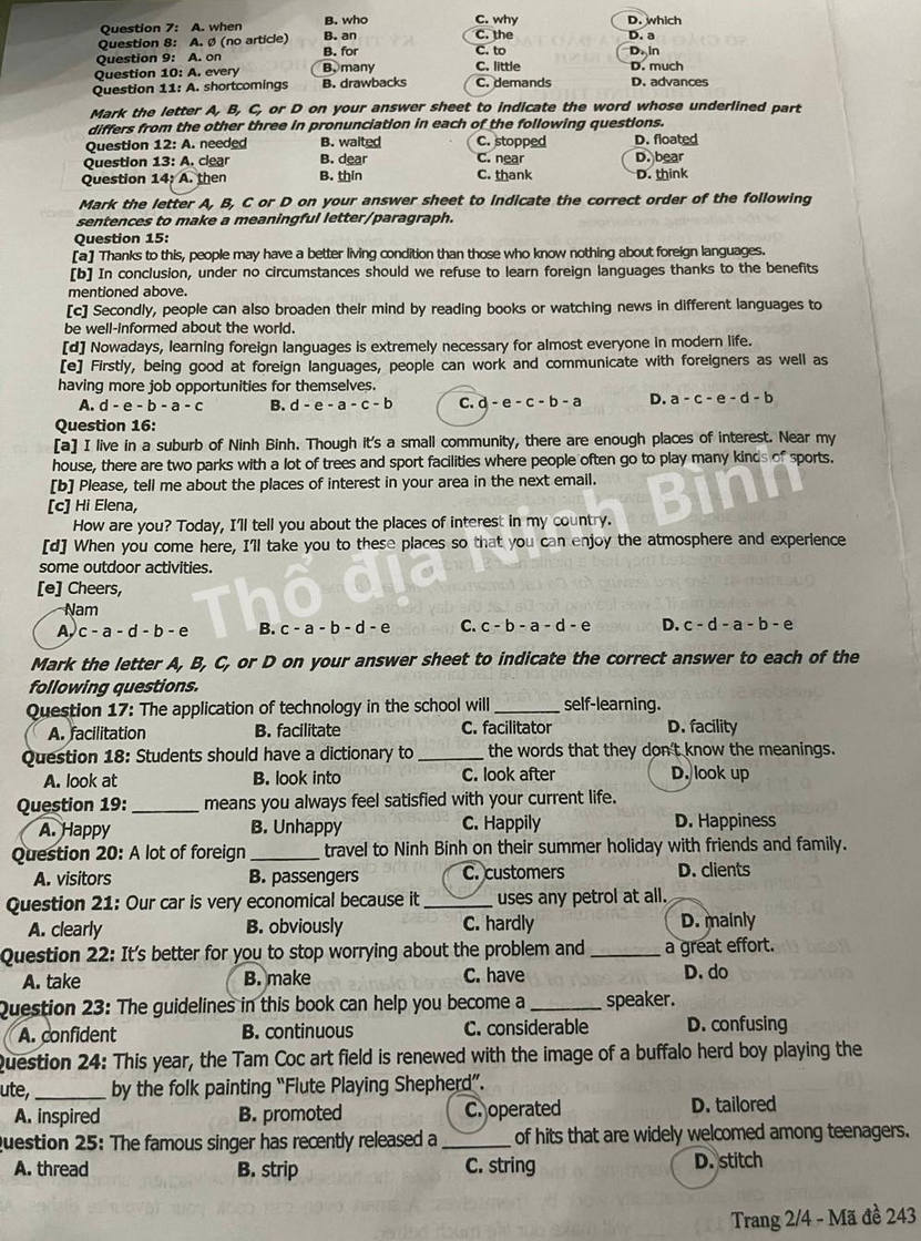 Đề thi vào 10 tiếng Anh 2024 Ninh Bình