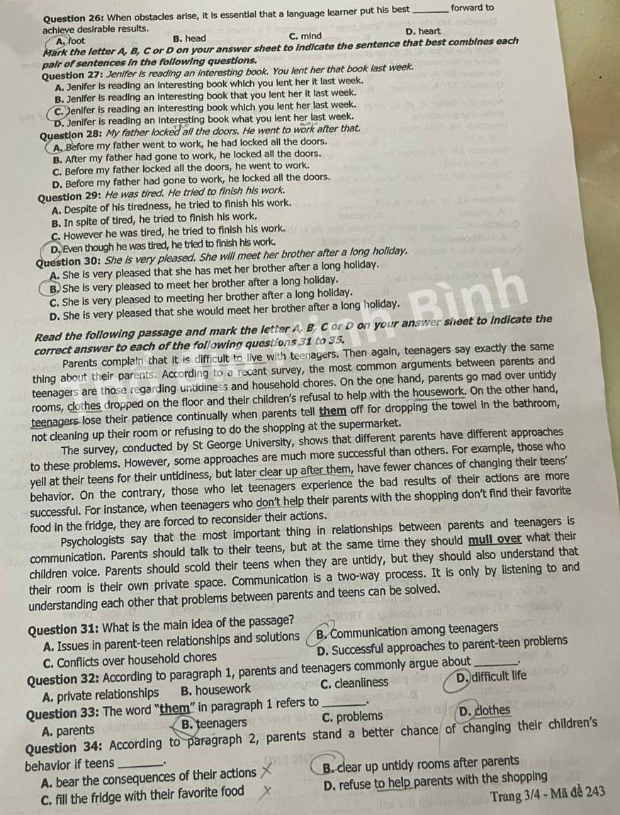 Đề thi vào 10 tiếng Anh 2024 Ninh Bình