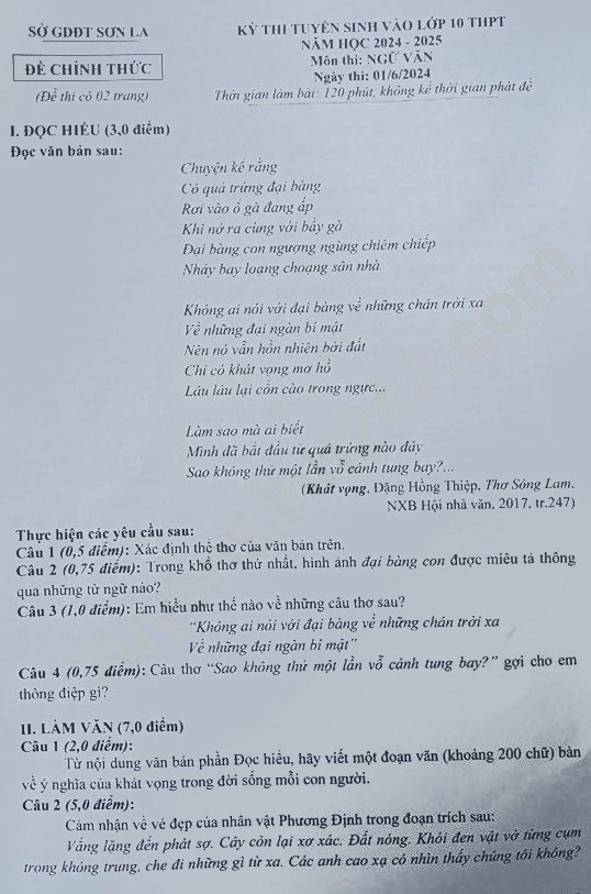 Đề thi vào 10 môn văn sơn La 2024