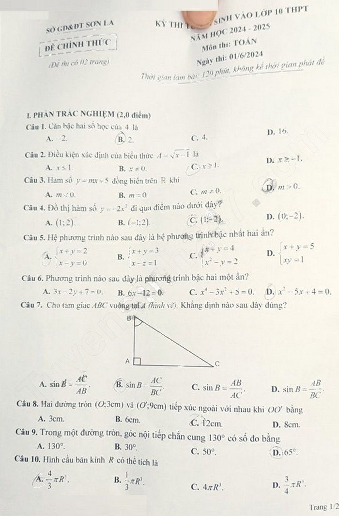 Đề thi tuyển sinh lớp 10 môn Toán Sơn La 2024-2025