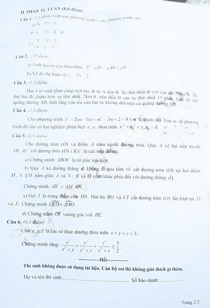 Đề thi tuyển sinh lớp 10 môn Toán Sơn La 2024-2025