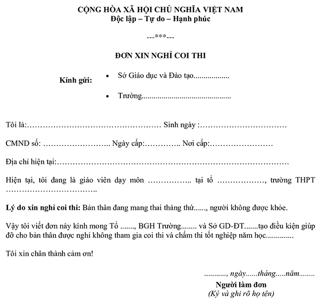 Mẫu đơn xin miễn coi thi tốt nghiệp THPT