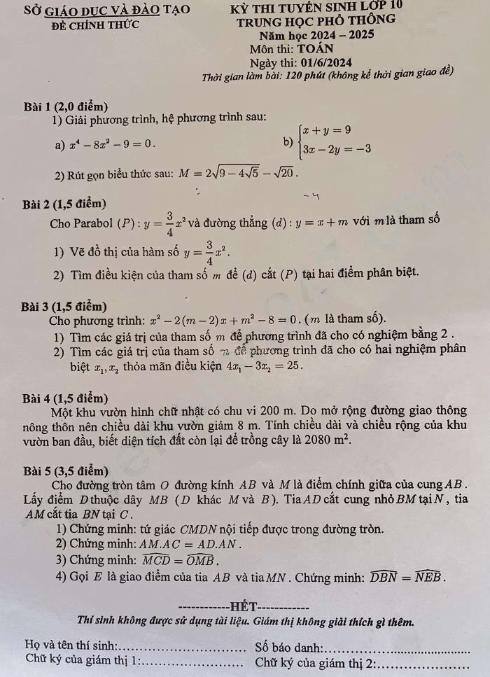 Đề thi tuyển sinh lớp 10 môn Toán Bình Dương 2024